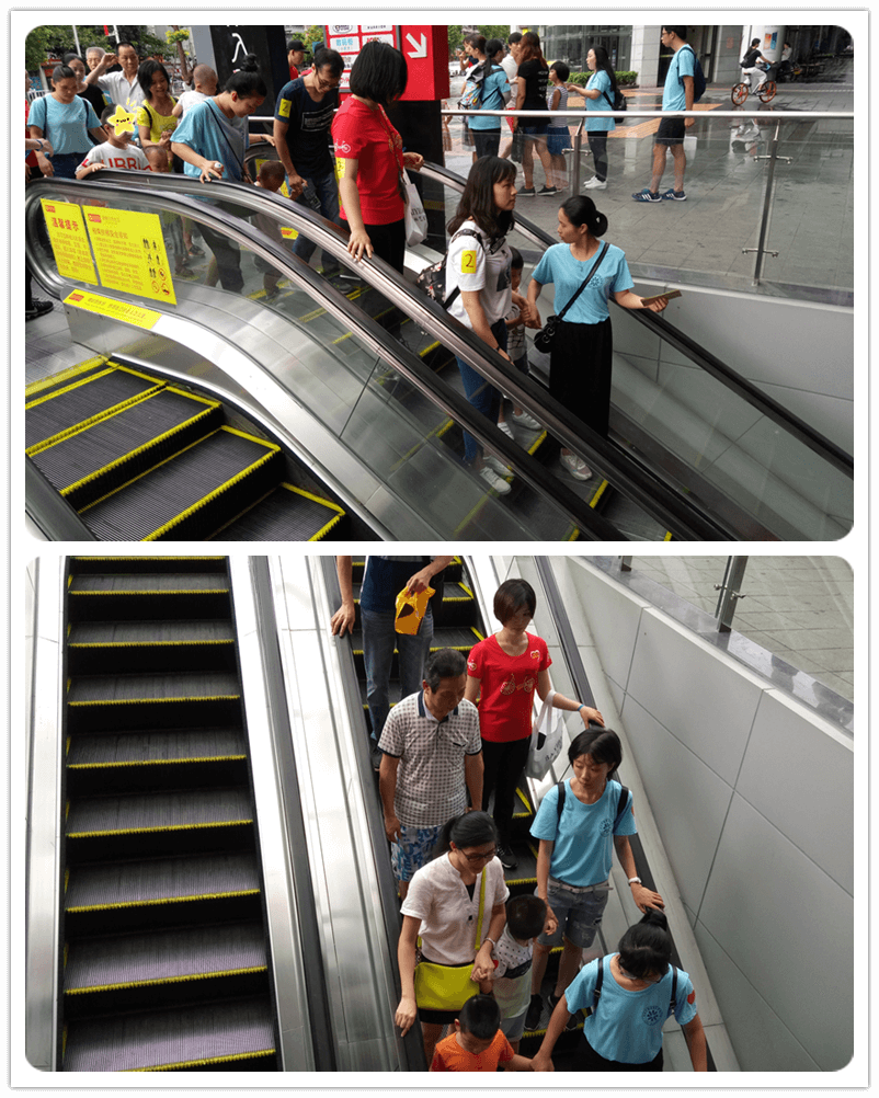 孩子们有序地乘搭电梯并进入超市